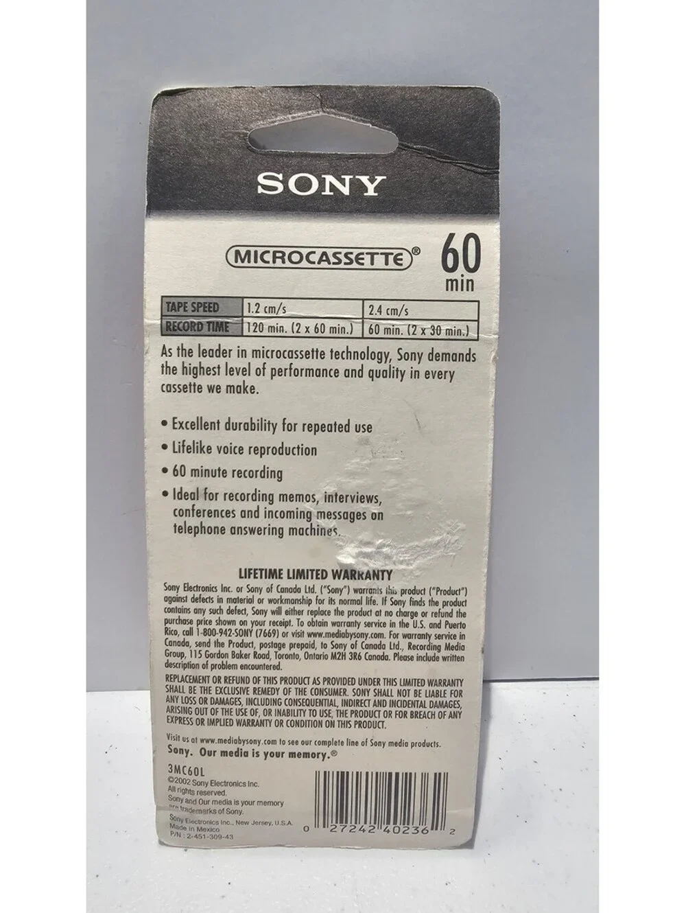 Sony MC-60 Microcassette Tapes 60 Min 3 Pack 3MC60L New Sealed Vintage